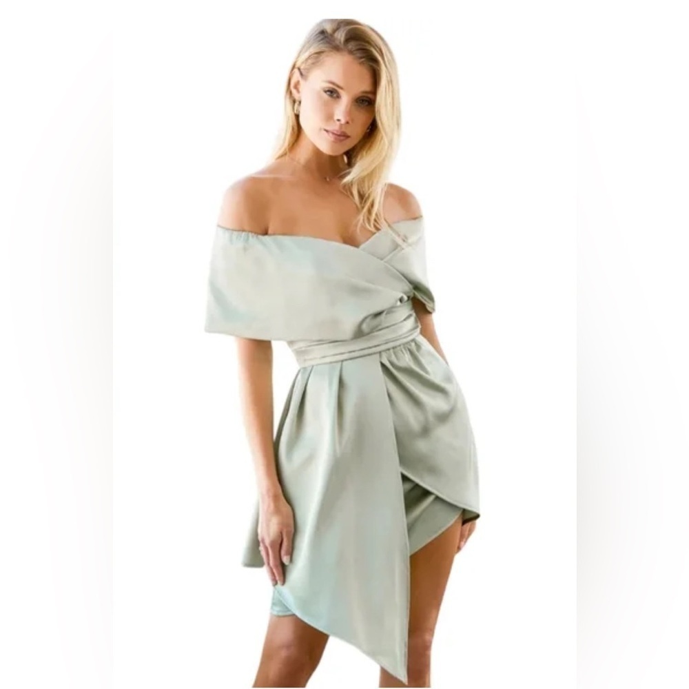 NWT Lulus Always Celebrating Sage Green Satin Off-The-Shoulder Mini Dress Sz S